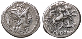 ROMANE REPUBBLICANE - DOMITIA - Cn. Domitius Ahenobarbus (128 a.C.) - Denario - Testa di Roma a d.; dietro, una spiga /R La Vittoria su biga al galopp...