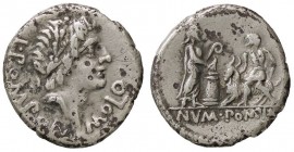 ROMANE REPUBBLICANE - POMPONIA - L. Pomponius Molo (97 a.C.) - Denario - Testa di Apollo a d. /R Numa sacrifica un caprone portato da un vittimario B....