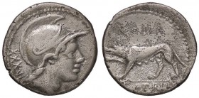 ROMANE REPUBBLICANE - SATRIENA - P. Satrienus (77 a.C.) - Denario - Testa di Roma a d. /R Lupa andante verso s. B. 1; Cr. 388/1 (AG g. 3,72) Porosità...