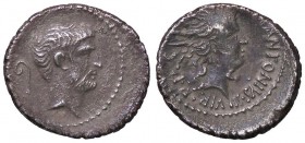 ROMANE IMPERIALI - Marc'Antonio († 30 a.C.) - Denario - Testa a d.; dietro, lituo /R Testa radiata del Sole a d. B. 29; Cr. 496/2 (AG g. 3,51)
 
BB...