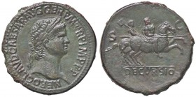 ROMANE IMPERIALI - Nerone (54-68) - Sesterzio - Testa laureata a d. /R Nerone con lancia su cavallo al galoppo a d. seguito da un soldato con uno sten...