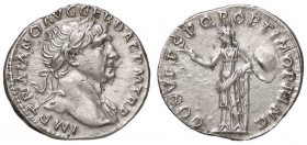 ROMANE IMPERIALI - Traiano (98-117) - Denario - Busto laureato a d. /R La Pace stante a s. con ramo d'ulivo si appoggia ad una colonna C. 83; RIC 126 ...