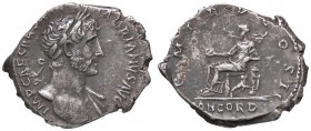 ROMANE IMPERIALI - Adriano (117-138) - Denario - Busto laureato a d. /R La Concordia seduta a s. con patera appoggiata ad una statuetta della Speranza...