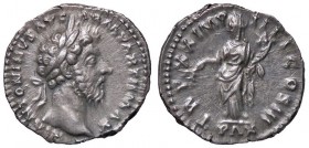 ROMANE IMPERIALI - Marco Aurelio (161-180) - Denario - Testa laureata a d. /R La Pace stante a s. con ramo d'ulivo e cornucopia C. 435; RIC 159 (AG g....