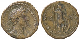 ROMANE IMPERIALI - Marco Aurelio (161-180) - Sesterzio - Busto laureato a d. /R Marte stante a d. con una lancia si appoggia a uno scudo C. 838 (AE g....