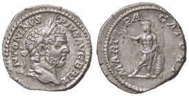 ROMANE IMPERIALI - Caracalla (198-217) - Denario - Testa laureata a d. /R Marte stante a s. con ramo d'ulivo, lancia e scudo C. 149 (AG g. 3,26)
 
S...