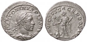 ROMANE IMPERIALI - Elagabalo (218-222) - Denario - Testa laureata a d. /R Elagabalo stante a s. presso un altare acceso con patera e clava; dietro l'a...