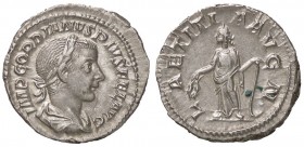 ROMANE IMPERIALI - Gordiano III (238-244) - Denario - Busto laureato e drappeggiato a d. /R La Letizia stante a s. con corona e ancora C. 120; RIC 113...