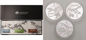 ESTERE - AUSTRALIA - Elisabetta II (1952) - Trittico 2020 - Animali pericolosi AG Tre monete da 5 dollari (oncia), ognuna nella propria confezione, tu...