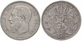 ESTERE - BELGIO - Leopoldo II (1865-1909) - 5 Franchi 1868 Kr. 24 AG Colpetto
 Colpetto
BB