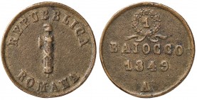 ZECCHE ITALIANE - ANCONA - Repubblica Romana (1848-1849) - Baiocco 1849 Pag. 8; Mont. 69 CU Colpetto
 Colpetto
BB+/BB