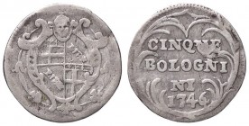 ZECCHE ITALIANE - BOLOGNA - Benedetto XIV (1740-1758) - Carlino 1746 CNI 52; Munt. 231f AG Cifra 6 ribattuta su 4
 Cifra 6 ribattuta su 4
qBB