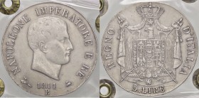 ZECCHE ITALIANE - BOLOGNA - Napoleone I, Re d'Italia (1805-1814) - 5 Lire 1811 Pag. 50; Mont. 80 R AG Contorno in rilievo Sigillata Gianfranco Erpini...