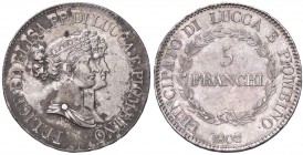 ZECCHE ITALIANE - LUCCA - Elisa Bonaparte e Felice Baciocchi (1805-1814) - 5 Franchi 1808 Busti medi Pag. 254; Mont. 438 R AG
 
BB+