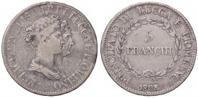 ZECCHE ITALIANE - LUCCA - Elisa Bonaparte e Felice Baciocchi (1805-1814) - 5 Franchi 1808 Busti medi Pag. 254; Mont. 438 R AG
 
qBB