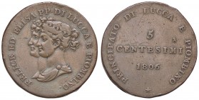 ZECCHE ITALIANE - LUCCA - Elisa Bonaparte e Felice Baciocchi (1805-1814) - 5 Centesimi 1806 Pag. 259; Mont. 444 R CU Colpetti
 Colpetti
BB+