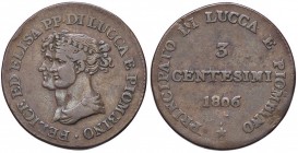 ZECCHE ITALIANE - LUCCA - Elisa Bonaparte e Felice Baciocchi (1805-1814) - 3 Centesimi 1806 Pag. 260; Mont. 445 NC CU
 
meglio di MB