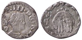 ZECCHE ITALIANE - NAPOLI - Filippo III (1598-1621) - Mezzo carlino Tipo P.R. 32; MIR 216/7 RRR (AG g. 1,37)Sigle IAF/G dietro la testa
 Sigle IAF/G d...