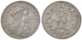ZECCHE ITALIANE - NAPOLI - Carlo II, secondo periodo (1675-1700) - Tarì 1693 P.R. 20; MIR 300/2 AG
 
BB+/BB