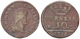 ZECCHE ITALIANE - NAPOLI - Ferdinando IV di Borbone (primo periodo, 1759-1799) - 10 Tornesi 1798 Mont. 258; Gig. 113 CU
 
qBB