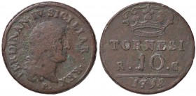 ZECCHE ITALIANE - NAPOLI - Ferdinando IV di Borbone (primo periodo, 1759-1799) - 10 Tornesi 1798 Gig. 113b R CU SICILIAR . .
 SICILIAR . . - 
MB/qBB
