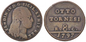 ZECCHE ITALIANE - NAPOLI - Ferdinando IV di Borbone (primo periodo, 1759-1799) - 8 Tornesi 1797 P.R. 97; Mont. 262 CU
 
MB-BB