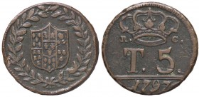 ZECCHE ITALIANE - NAPOLI - Ferdinando IV di Borbone (primo periodo, 1759-1799) - 5 Tornesi 1797 Gig. 122a RRR CU Senza la P
 Senza la P - 
BB+