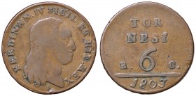 ZECCHE ITALIANE - NAPOLI - Ferdinando IV di Borbone (secondo periodo, 1799-1805) - 6 Tornesi 1803 P.R. 17; Mont. 381/382 R CU
 
MB/qBB
