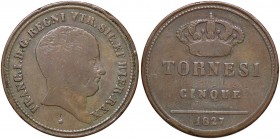 ZECCHE ITALIANE - NAPOLI - Francesco I di Borbone (1825-1830) - 5 Tornesi 1827 P.R. 16; Mont. 659/664 R CU
 
MB/qBB