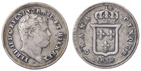 ZECCHE ITALIANE - NAPOLI - Ferdinando II di Borbone (1830-1859) - 5 Grana 1838 P.R. 172; Mont. 965/968 AG
 
qBB/BB
