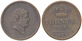 ZECCHE ITALIANE - NAPOLI - Ferdinando II di Borbone (1830-1859) - 10 Tornesi 1851 P.R. 199; Mont. 1026 R CU Testa piccola
 Testa piccola - 
qBB