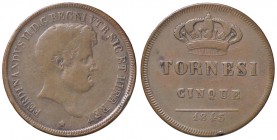 ZECCHE ITALIANE - NAPOLI - Ferdinando II di Borbone (1830-1859) - 5 Tornesi 1845 P.R. 218; Mont. 1063 RRRR CU
 
MB-BB