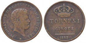 ZECCHE ITALIANE - NAPOLI - Ferdinando II di Borbone (1830-1859) - 5 Tornesi 1853 P.R. 224; Mont. 1072 RR CU
 
qBB