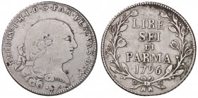 ZECCHE ITALIANE - PARMA - Ferdinando di Borbone (1765-1802) - 6 Lire 1796 CNI 152; Mont. 54 NC AG
 
meglio di MB