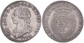 SAVOIA - Vittorio Amedeo III (1773-1796) - Quarto di scudo 1774 Mont. 355 RR AG 2 scritto sopra al secondo 7
 2 scritto sopra al secondo 7
BB+/qSPL