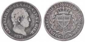 SAVOIA - Carlo Felice (1821-1831) - 50 Centesimi 1831 T (P) Pag. 121a; Mont. 124 RRR AG
 
MB