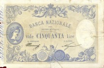CARTAMONETA - SARDO-PIEMONTESE - Banca Nazionale nel Regno d'Italia - 50 Lire 21/01/1891 Gav. 181 RR Carraresi/Nazari Mancanza angolare e restauro mal...