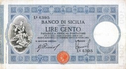 CARTAMONETA - SICILIA - Banco di Sicilia - Biglietti al portatore (1866-1867) - 100 Lire 22/06/1915 Gav. 287 Riccio/Barresi Lievi restauri
 Riccio/Ba...