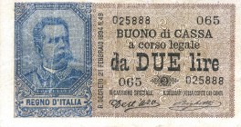 CARTAMONETA - BUONI DI CASSA - Umberto I (1878-1900) - 2 Lire 13/07/1898 - Serie 65-69 Alfa 26; Lireuro 6F RRRRR Dell'Ara/Righetti Con certificato Num...