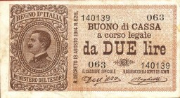 CARTAMONETA - BUONI DI CASSA - Vittorio Emanuele III (1900-1943) - 2 Lire 21/09/1914 - Serie 21-79 Alfa 31; Lireuro 7B R Dell'Ara/Righetti
 Dell'Ara/...