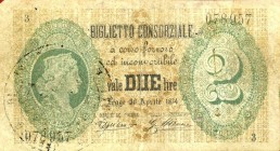 CARTAMONETA - CONSORZIALI - Biglietti Consorziali - 2 Lire 30/04/1874 Gav. 3 Dell'Ara/Mirone Falso d'epoca
 Dell'Ara/Mirone - Falso d'epoca
MB-BB