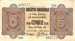CARTAMONETA - CONSORZIALI - Biglietti Consorziali - 5 Lire 30/04/1874 Gav. 4 Dell'Ara/Mirone
 Dell'Ara/Mirone - 
BB+