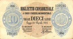 CARTAMONETA - CONSORZIALI - Biglietti Consorziali - 10 Lire 30/04/1874 Gav. 5 R Dell'Ara/Mirone
 Dell'Ara/Mirone - 
BB+