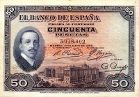 CARTAMONETA ESTERA - SPAGNA - Alfonso XIII (1886-1931) - 50 Pesetas 17/05/1927 Kr. 72
 
BB