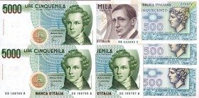 LOTTI - Cartamoneta-Italiana 5000 lire 2001 XD (3 consecutivi), assieme a 2000 lire 1992 numeri verdi e 500 lire Mercurio (3 decreti) Lotto di 6 bigli...