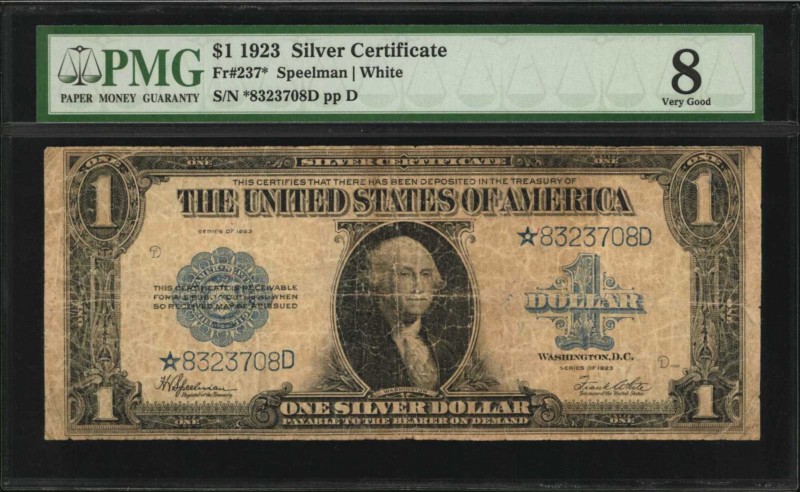 Silver Certificates

Fr. 237*. 1923 $1 Silver Certificate Star Note. PMG Very ...