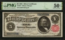Silver Certificates

Fr. 267. 1891 $5 Silver Certificate. PMG About Uncirculated 50 EPQ.

Bright paper and good detail are found on this Grant Sil...