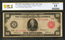 Federal Reserve Notes

Fr. 893B. 1914 Red Seal $10 Federal Reserve Note. New York. PCGS Banknote Choice Fine 15.

Type B. Burke-McAdoo signature c...