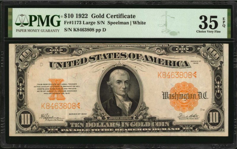 Gold Certificates

Fr. 1173. 1922 $10 Gold Certificate. PMG Choice Very Fine 3...