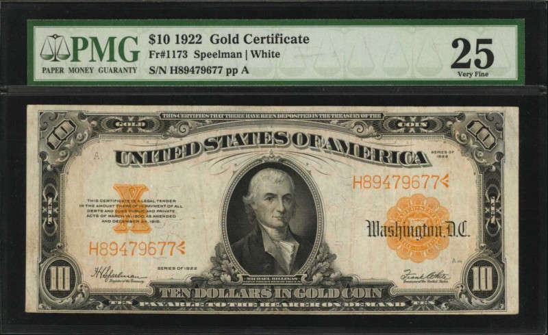 Gold Certificates

Fr. 1173. 1922 $10 Gold Certificate. PMG Very Fine 25.

A...